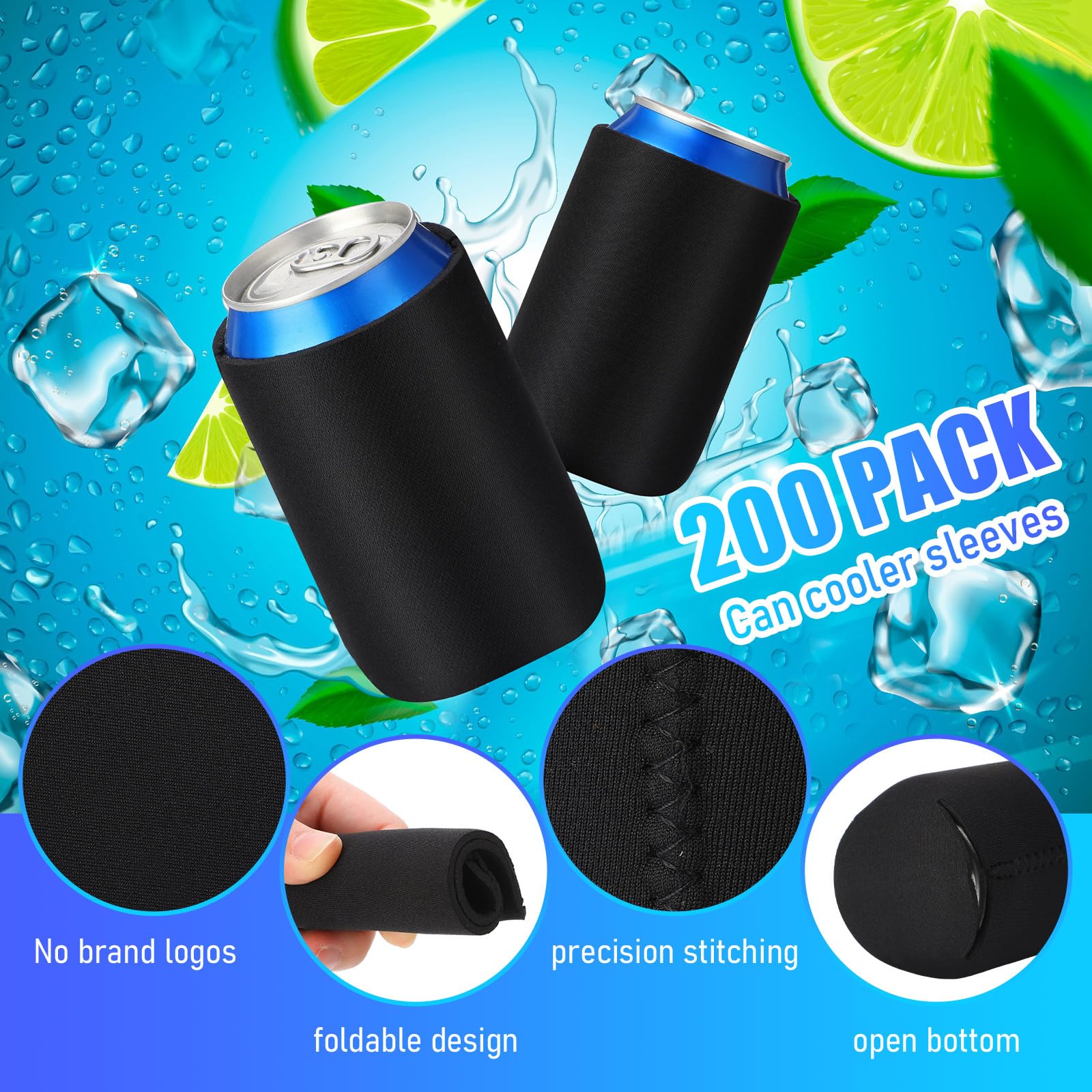 Umigy 200 Pcs Can Coolers Bulk, Insulated Neoprene Beer Can Cooler Sleeves, Plain Can Cooler Cover for Sublimation Soda Drink Water Bottle Birthdays Weddings Bachelorette Party, Black