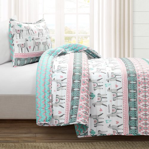 Lush Decor Boho Llama Reversible Oversized 2 Piece Quilt Set, Twin, Pink & Aqua
