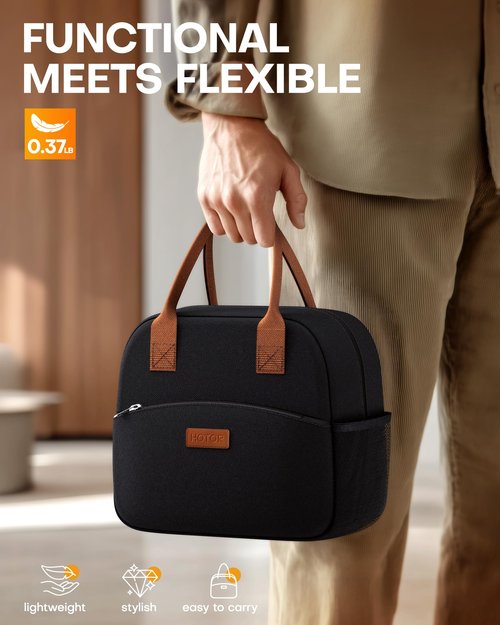 HOTOR Lunch Bag for Women & Men - Wear-Resistant Insulated Lunch Box with Large Capacity, Multi-Functional Cooler Bag for Office, Picnic, Black, 12L, 12.20" x 6.30" x 10.20"