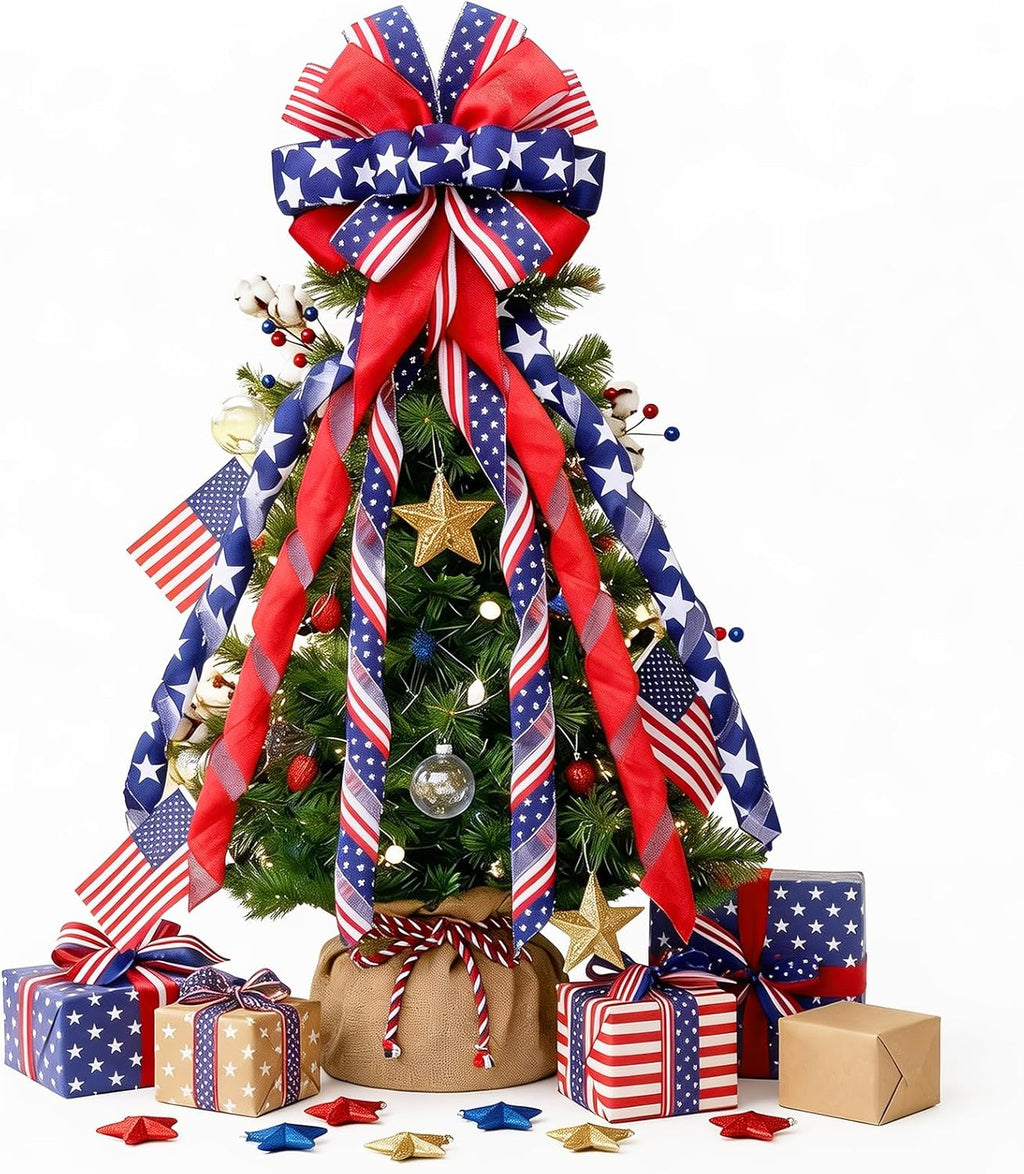 Patriotic 4th of July Tree Topper Bow by [Brand Name] - Pre-Tied 52x13 Inch Ribbon for Wreaths & Decor | Red, Blue, White