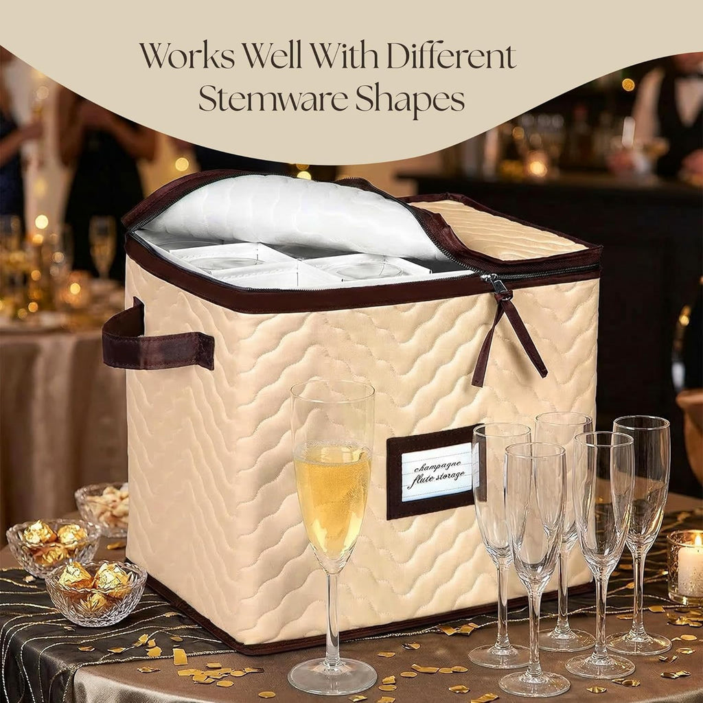 Skiennix Wine Glass Storage Box - Durable Quilted Microfiber Case with Dividers | Protects Stemware (1 Pack, Champagne Flute)
