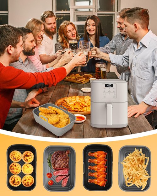 Air Fryer Silicone Liners Collapsible 2-Pack for bella 6Qt(5lb) Slim Air Fryer, Reusable Airfryer Silicone Pot Baking Basket Insert Accessories, Non Stick, Easy Cleaning, Gray+Black