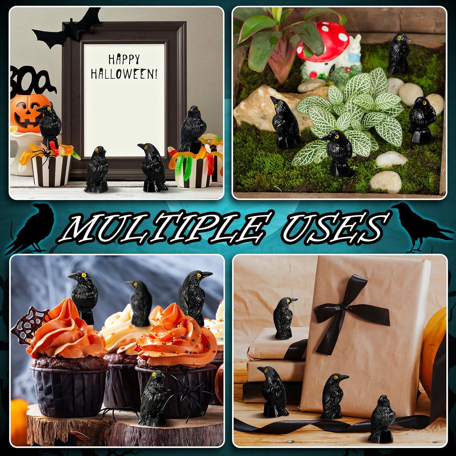 Skiennix Miniature Crows Decor - 150 Pcs Black Resin Raven Figurines for Spooky Holiday Scenes