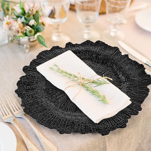 24 Pcs Black Charger Plates Bulk 13 Inch Plastic Charger Plates for Dinner Plate, Black Chargers for Table Setting, Reef Design Plate Floral Decorative Round Chargers for Wedding Party, Event