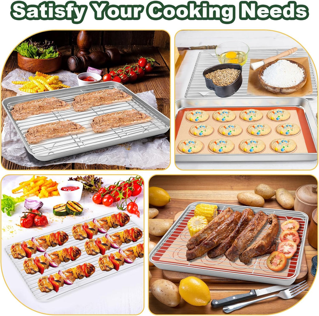 TeamFar Stainless Steel Baking Sheet Set - 16” x 12” Baking Pan with Cooling Rack & Silicone Mat | Oven & Dishwasher Safe