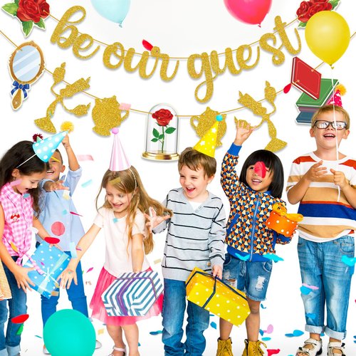 Gold Be Our Guest Banner, Glitter Cartoon Princess Birthday banner Cartoon Theme Party Banner Baby Shower Birthday Party Decorations For Girls Boys