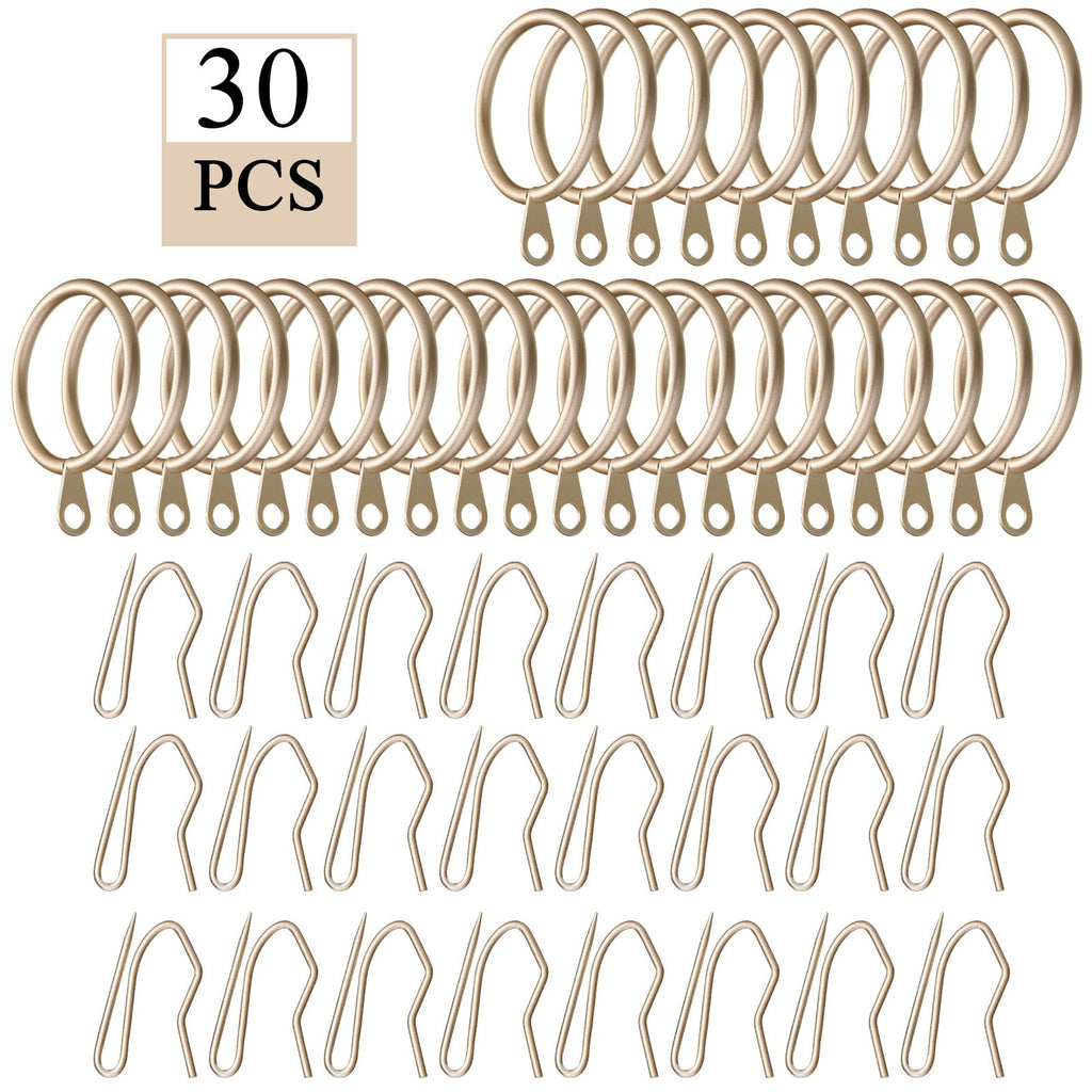 Hotop 30 Pcs Metal Drapery Curtain Rings 0.98/1.26/1.65 inch Interior Diameter and 30 Pcs Hanging Curtain Drapery Pin Hooks for Window Door Shower(Champagne Gold,42mm)