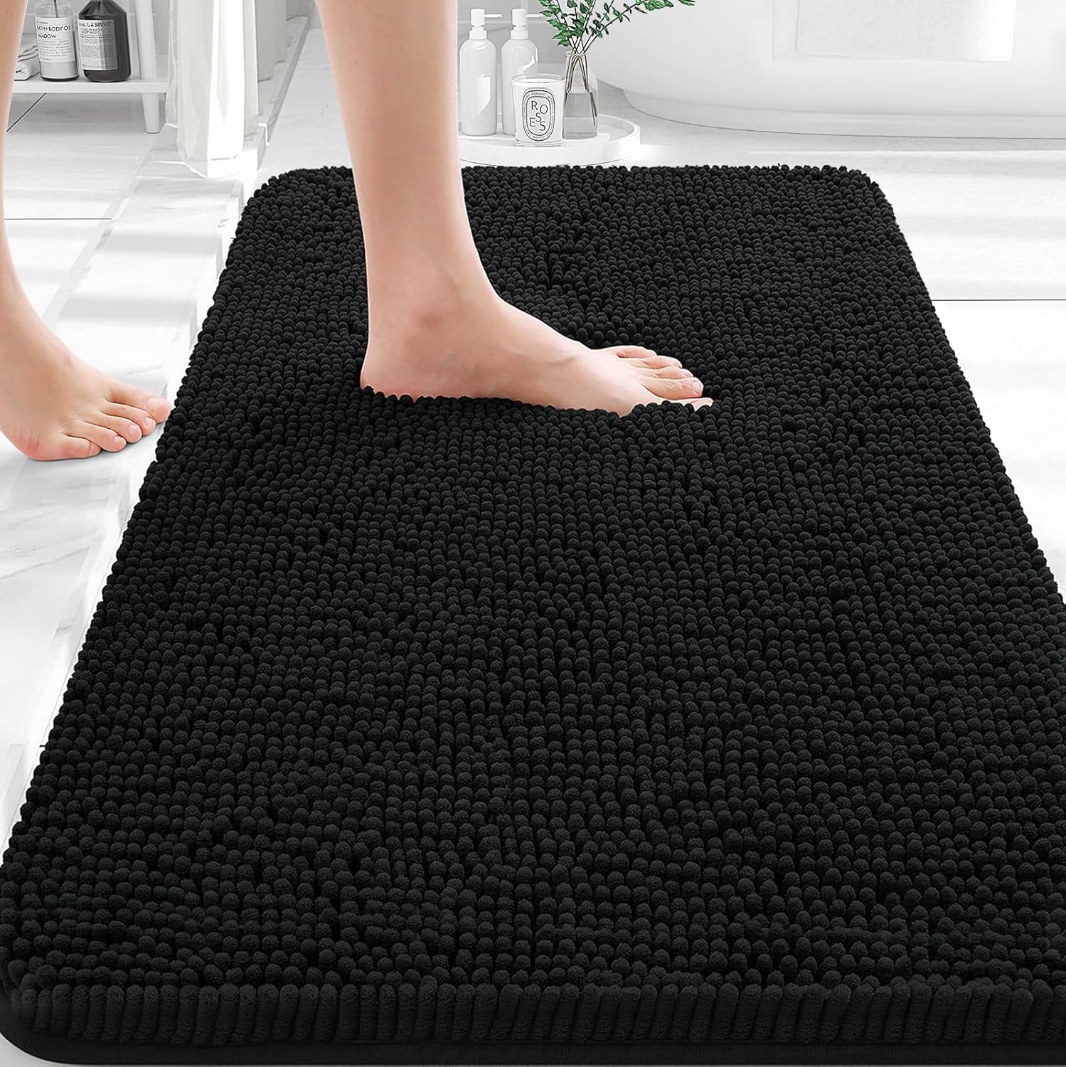 OLANLY Bathroom Rugs - Extra Soft Absorbent Chenille Mats | Quick-Dry Rubber Backing, 35x24, Black