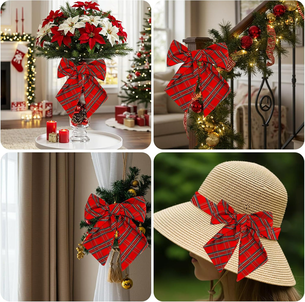 TONIFUL Wreath Sash - Red and Green Check Plaid Design | 4.5" x 56" Indoor/Outdoor Holiday Decor