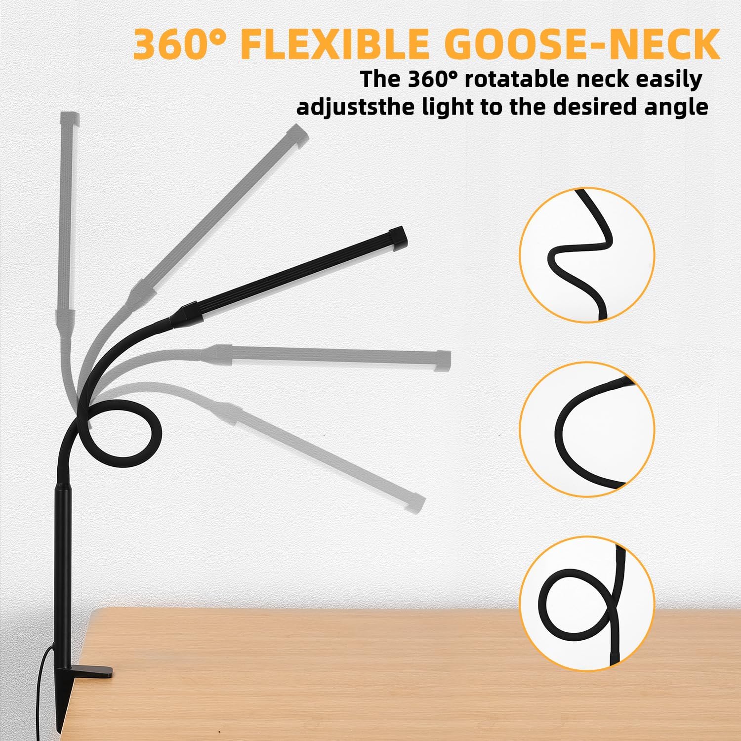 Voncerus LED Desk Lamp - Eye-Caring Clip-On Light with 3 Modes & 10 Brightness Levels | Flexible Goose-Neck, Black