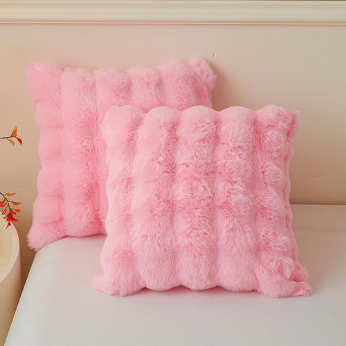 LIFEREVO Pack of 2 Fluffy Faux Rabbit Fur Throw Pillow Covers, Cute Plush Shaggy 18x18 Bubble Waffle Cushion Covers Zipper Closure, Home Decorative Furry Fuzzy Pillow Shams for Kids Girls Adults, Pink