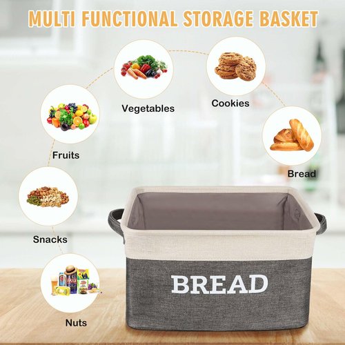 Lukeline Bread Storage Basket for Kitchen, Foldable Fabric Bread Keeper Bread Storage Container Bin with Handles, Bread Baskets for Kitchen Counter and Pantry (White & Grey)