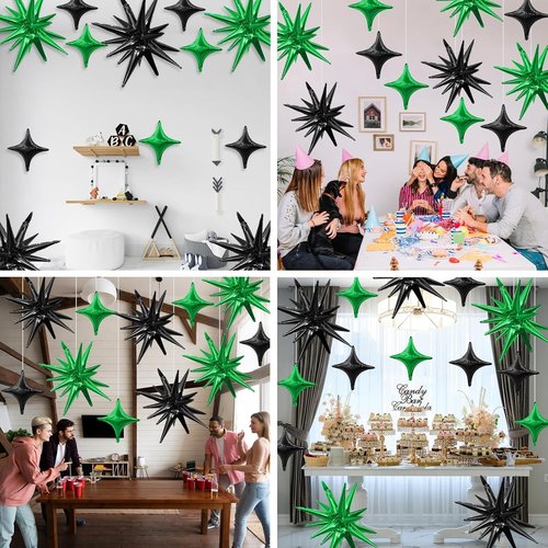 Black Green Star Balloon Set - 6 Pcs 22-Inch Explosion & 10 Pcs 10-Inch Balloons for Parties