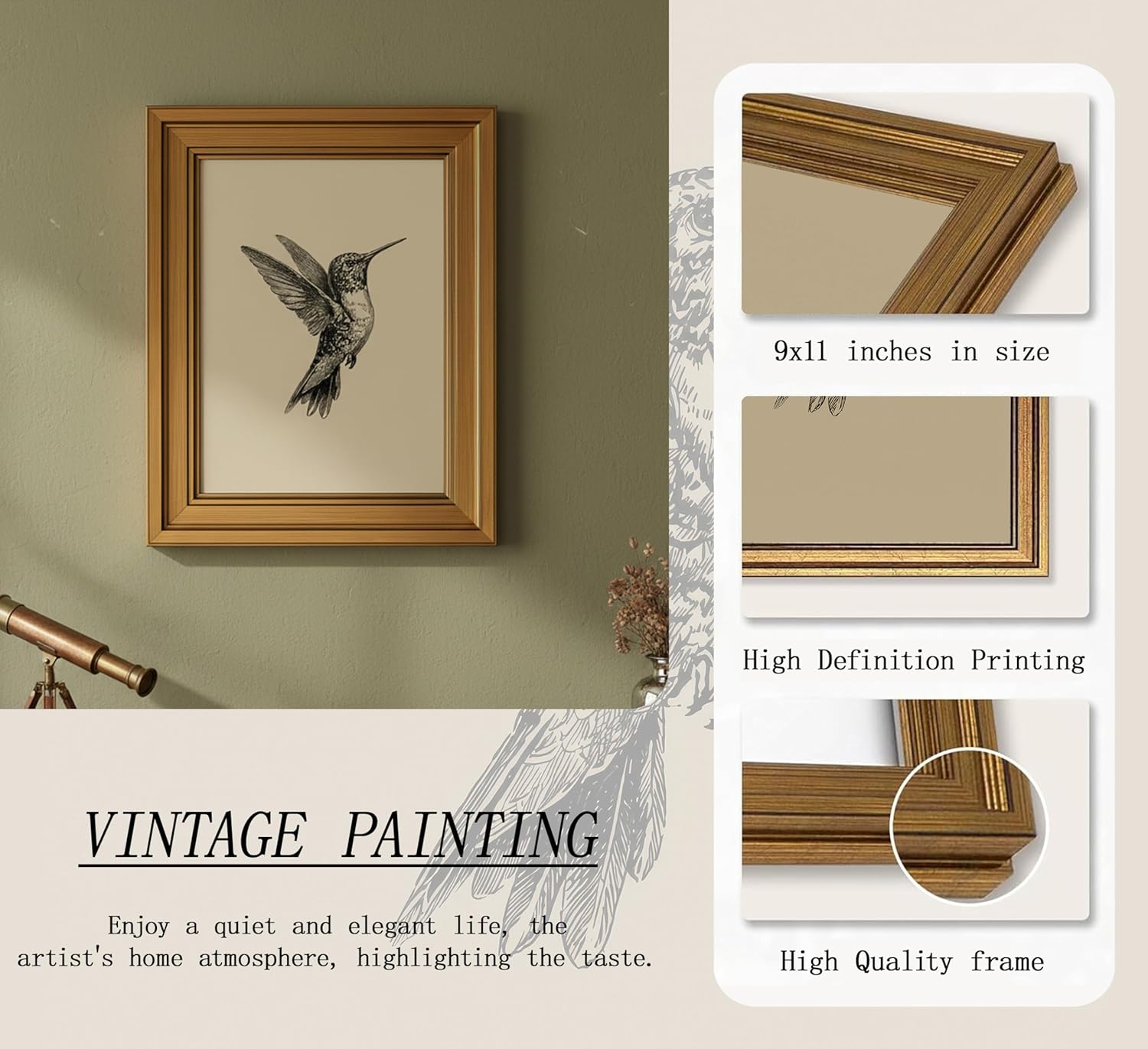 MDHFJEAW Vintage Gold Framed Hummingbird Wall Art - Retro Black & White Canvas Print, 9x11 In