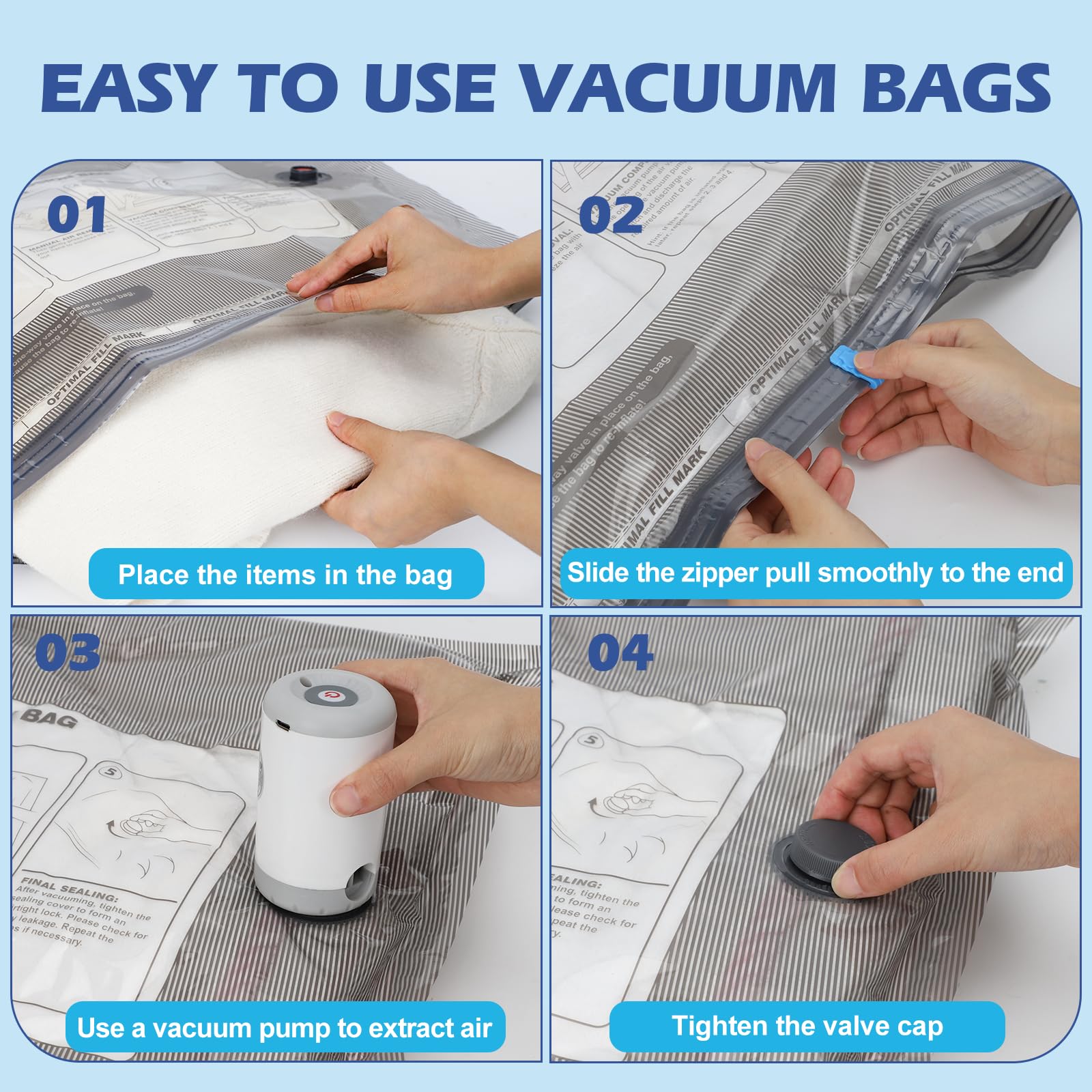 Travel Vacuum Storage Bags with Rechargeable Air Pump, 11 Pack Portable Space Saver Bags, Compression Bags for Clothing, Bedding, Seasonal Storage & Packing Bags for Moving