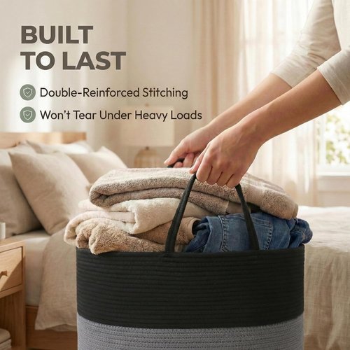 JMvicyroam 65L Extra Large Blanket Basket - Woven Cotton Rope Laundry Hamper with Reinforced Handles | Black & Grey