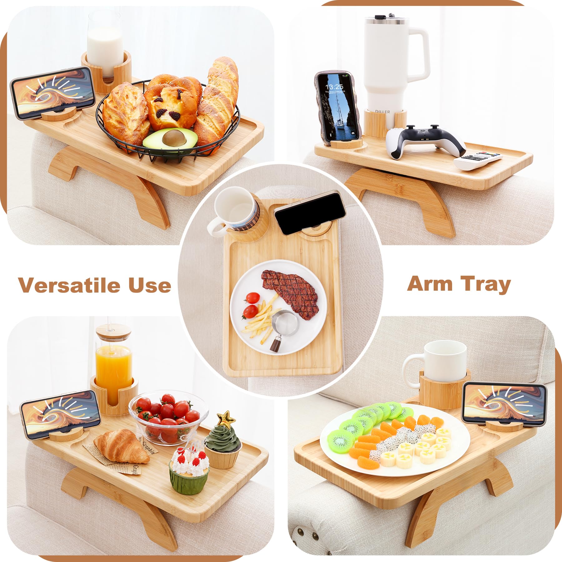 Sofa Arm Tray Linsongmax Large Couch Cup Holder Tray with Rotated Swappable Cup Holder Phone Stand Fit Various Armrest Sofa Side Tables for Living Room,15.36x9.85inch Bamboo Natural