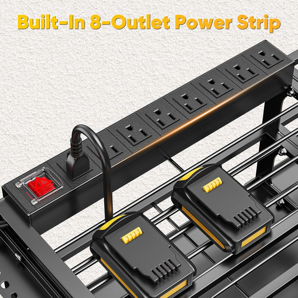 POKIPO Large Power Tool Organizer - Wall Mount Charging Station with 8 Outlet Power Strip | 49.5" 4-Tier Heavy Duty Storage for 12 Cordless Drills, 800 lb Load Capacity