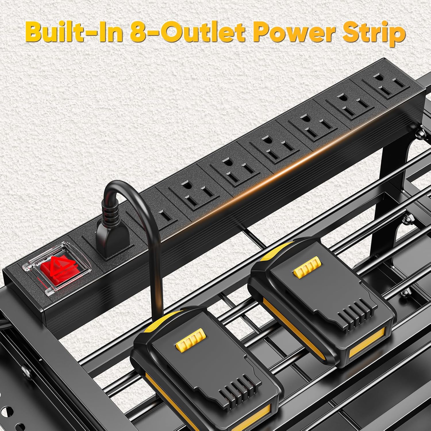 POKIPO Large Power Tool Organizer - Wall Mount Charging Station with 8 Outlet Power Strip | 49.5" 4-Tier Heavy Duty Storage for 12 Cordless Drills, 800 lb Load Capacity