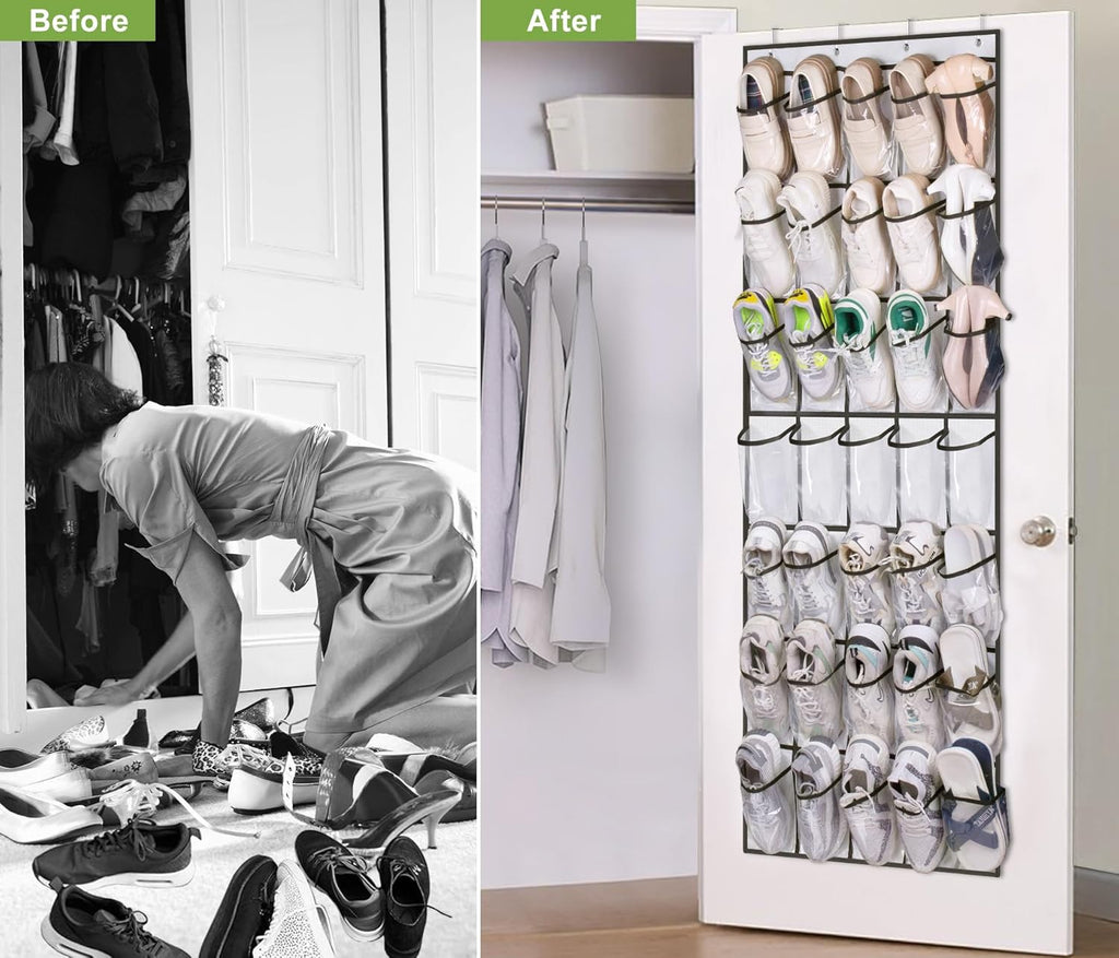 MISSLO Over The Door Shoe Organizer - 35 Clear Large Pockets, Sturdy Oxford Fabric, White