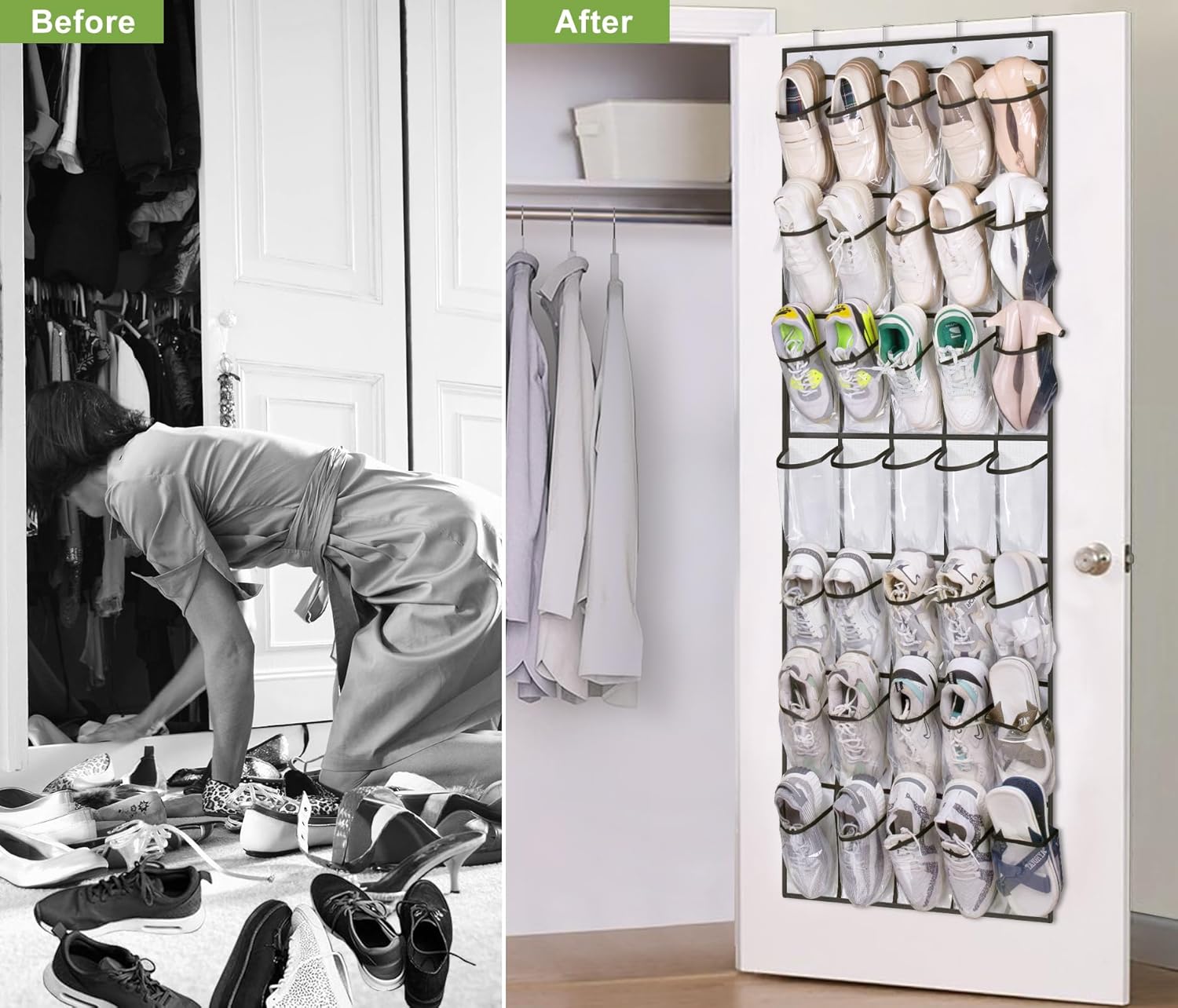MISSLO Over The Door Shoe Organizer - 35 Clear Large Pockets, Sturdy Oxford Fabric, White