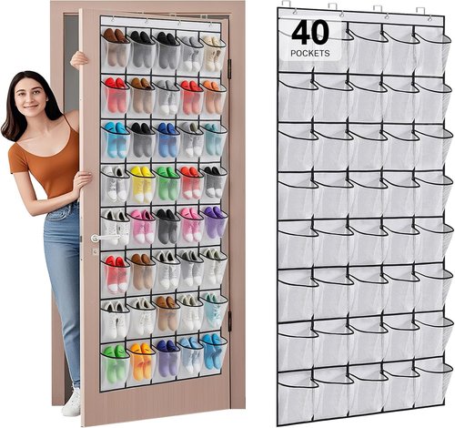 Hualleko Large Mesh Pocket Over-The-Door Shoe Organizer - Sturdy Storage for 20 Pairs (White)