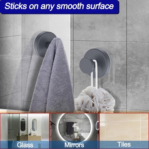 Bntuk Suction Cup Hooks - Removable Bathroom Towel Hooks for Shower & Glass Door | 2 Pack, Grey