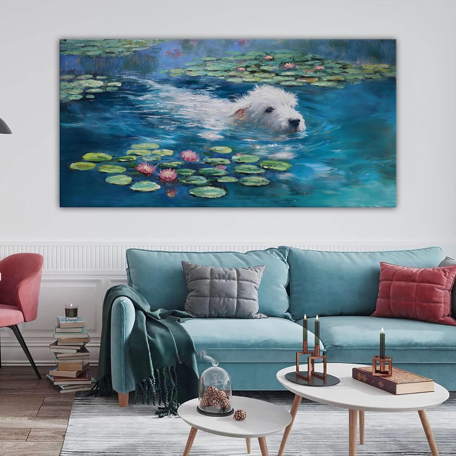 Monet Dog Wall Art - Large Framed Canvas Decor for Bedroom & Living Room - Vintage Landscape Painting 24x48 IN
