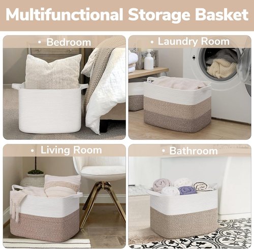 Goodpick Woven Storage Baskets - 18" x 14" x 12" Rectangle Toy Organizer for Living Room & Kids | White & Brown