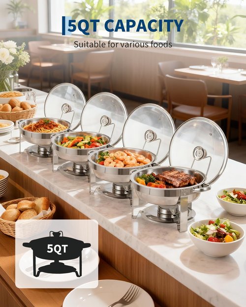 Garvee Chafing Dishes for Buffet, 5QT Buffet Servers and Warmers Set of 2, Round Chafing Dishes with Glass Lid, Stainless Steel Food Warmers for Parties, Catering Supplies for Wedding, Banquet, Silver