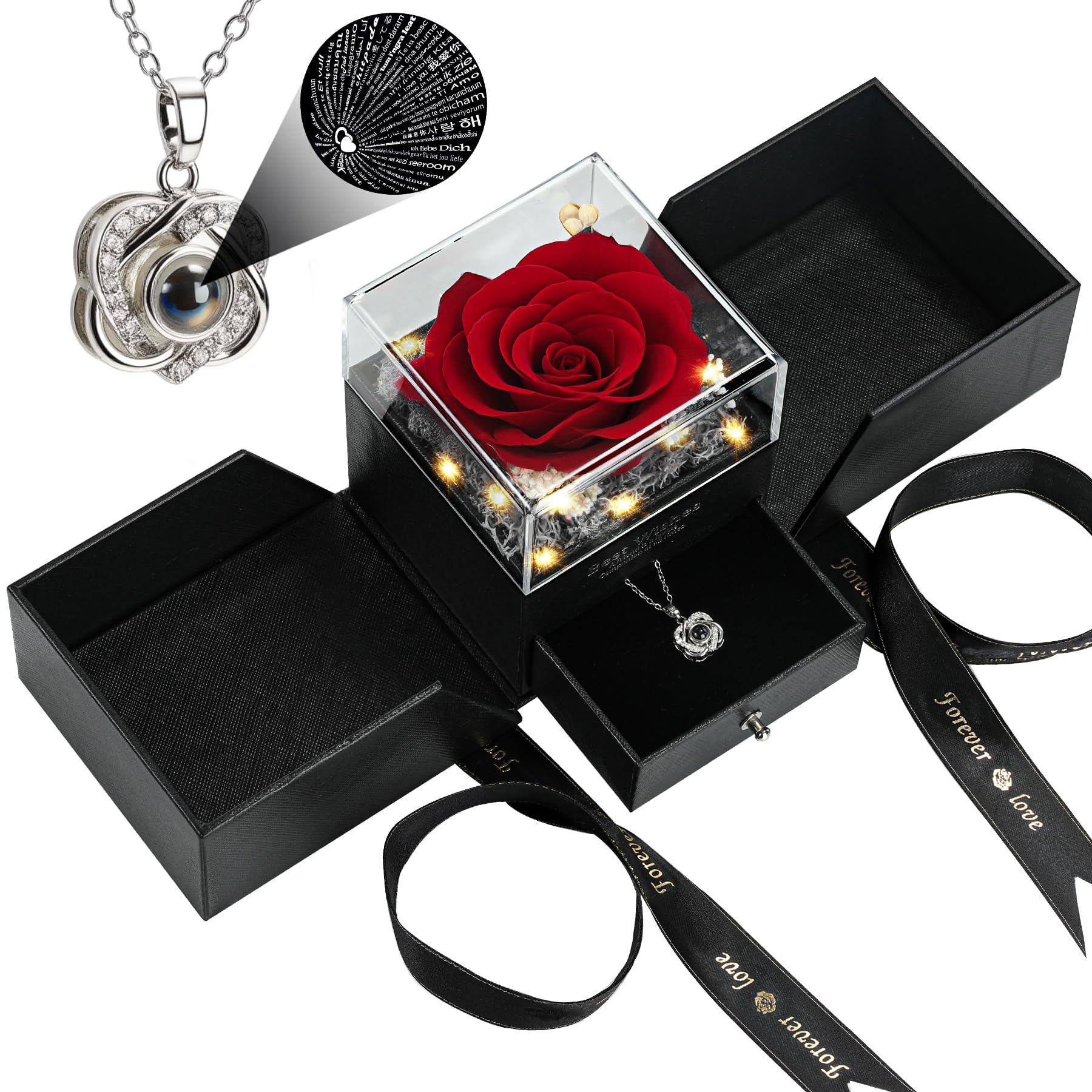woxafo Preserved Real Red Rose with I Love You Heart Necklace 100 Languages - Eternal Flowers Rose Birthday Gifts for Women, Wife, Mom, Girlfriend - Valentine's Mother's Day Christmas Gift