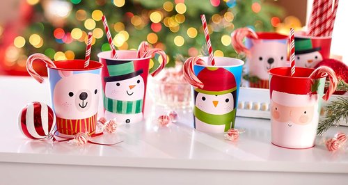 American Greetings Reusable Plastic Cups - 16 oz. Holiday Design with Santa & Snowman | 8-Count Set