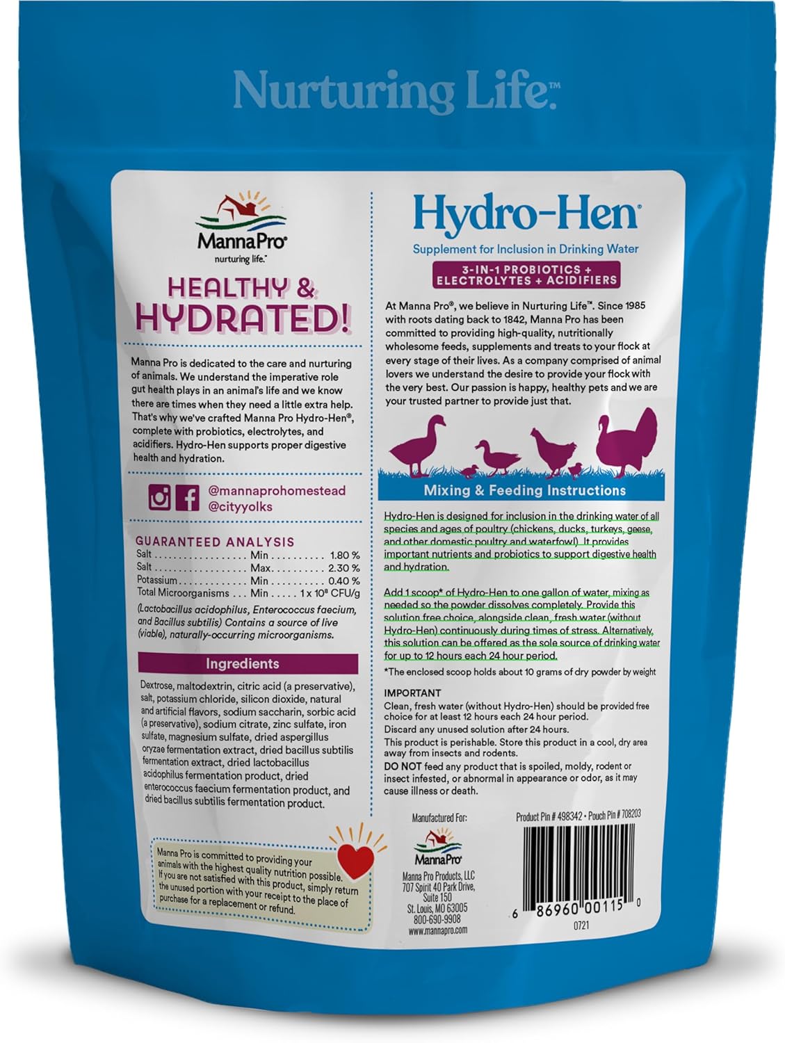 Manna Pro Hydro-Hen Poultry Electrolyte & Probiotic Supplement - Hydration Support for Chickens & Ducks, 20 oz