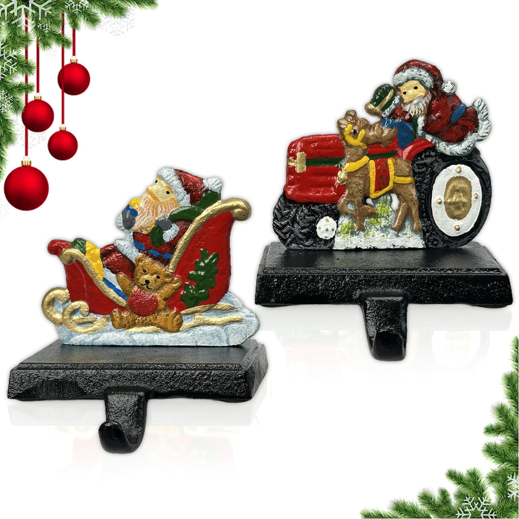 Linton Arts 2 Pack Cast Iron Christmas Stocking Holders for Mantle, Santa Claus Weighted Stocking Holder with Non-Slip Base, Vintage Ornament Hooks (Christmas Stocking Holders)