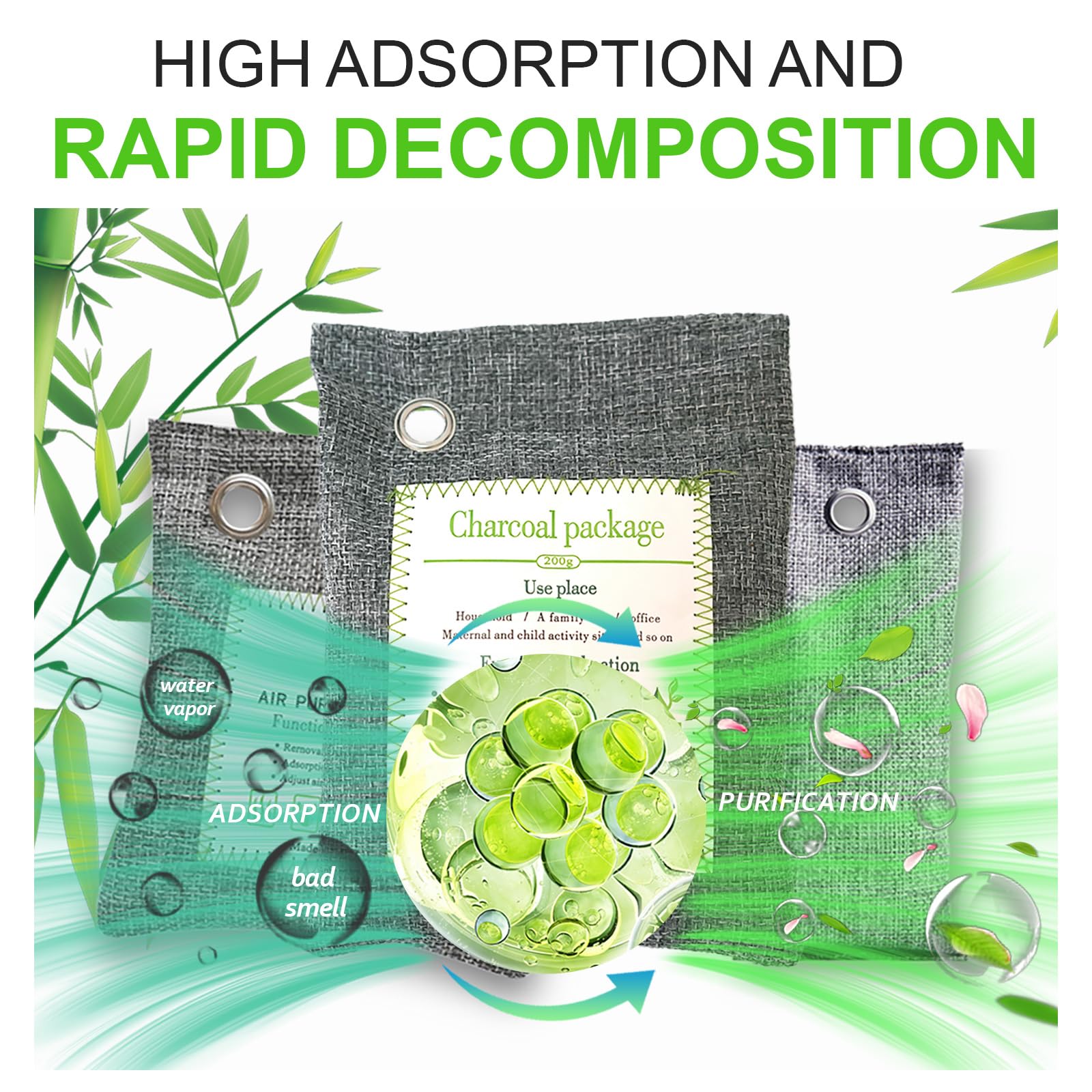 Activated Charcoal Odor Absorber (4x200g Large + 2x75g Small), Bamboo Charcoal Air Purifying Bag, Odor Deodorizer and Eliminator for Cars, Refrigerators, Shoes, Pets, Closets, and More.