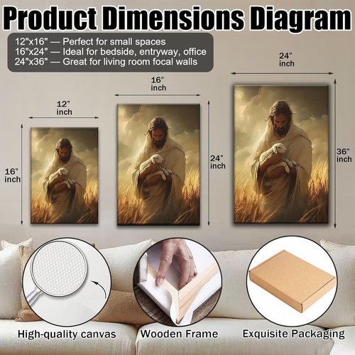 Jesus Holding Lamb Framed Canvas Wall Art - Christian Good Shepherd Painting for Living Room | 12x16 Inch