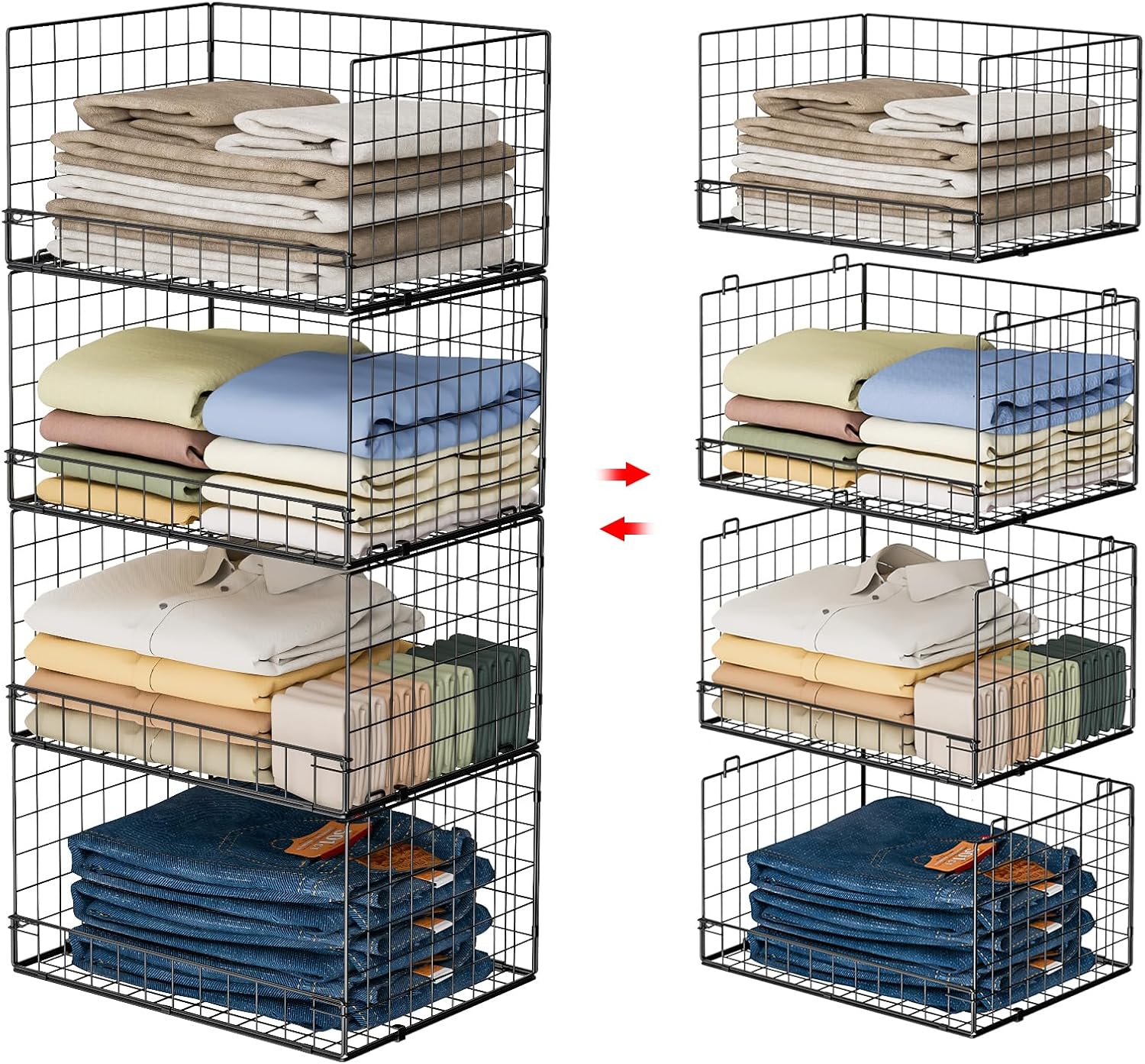 Yociyoga 4-Tier Stackable Closet Organizer - Foldable Storage Shelves & Bins in Black
