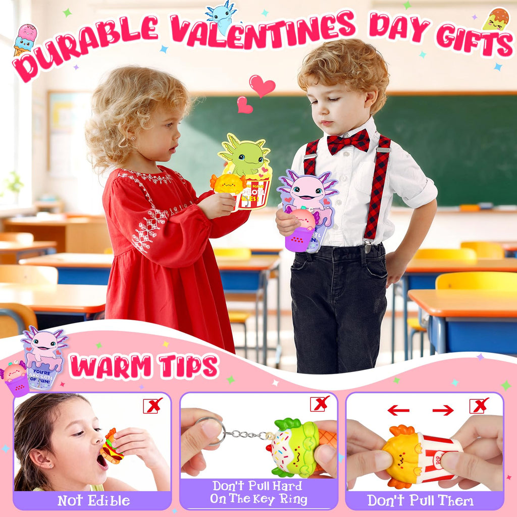 EULRGAUS Valentines Day Cards for Kids School, 24 PCS Food Axolotl Slow Rising Squishy Toys, Valentines Cards for Kids Classroom with Keychains, Valentines Classroom Exchange Party Favors Gifts