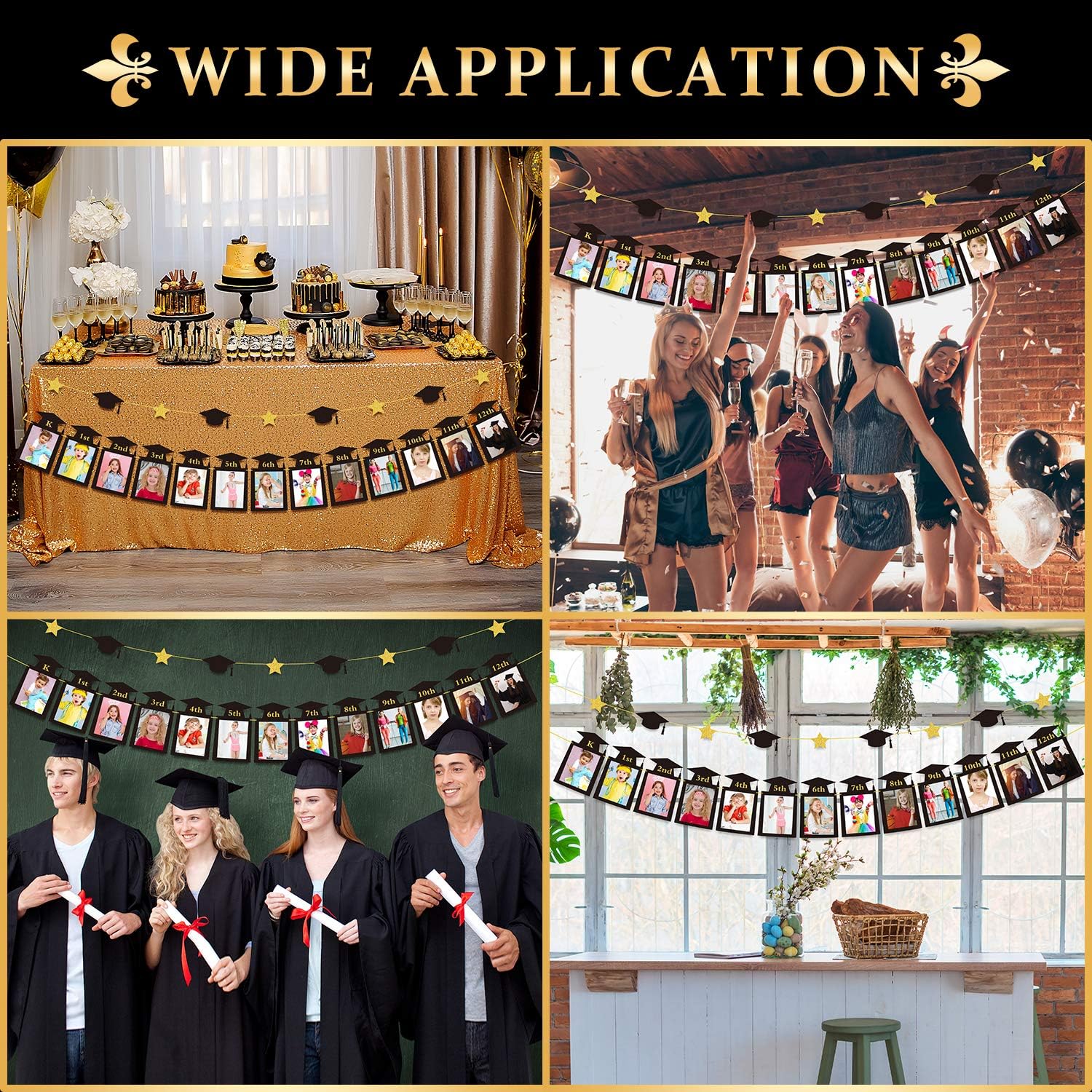 Whaline Graduation Photo Banner - No DIY Required Hanging Bunting | Black Gold Glitter, 5 x 7 Inch