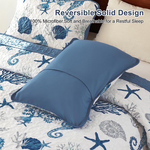 Djoymock Coastal Quilt Set Queen Size 3 Pcs, Summer Blue Beach Theme Quilts with Pillowcases Reversible Microfiber Ocean Bedding Set Nautical Bedspreads Coverlet Lightweight Comforter for All Season