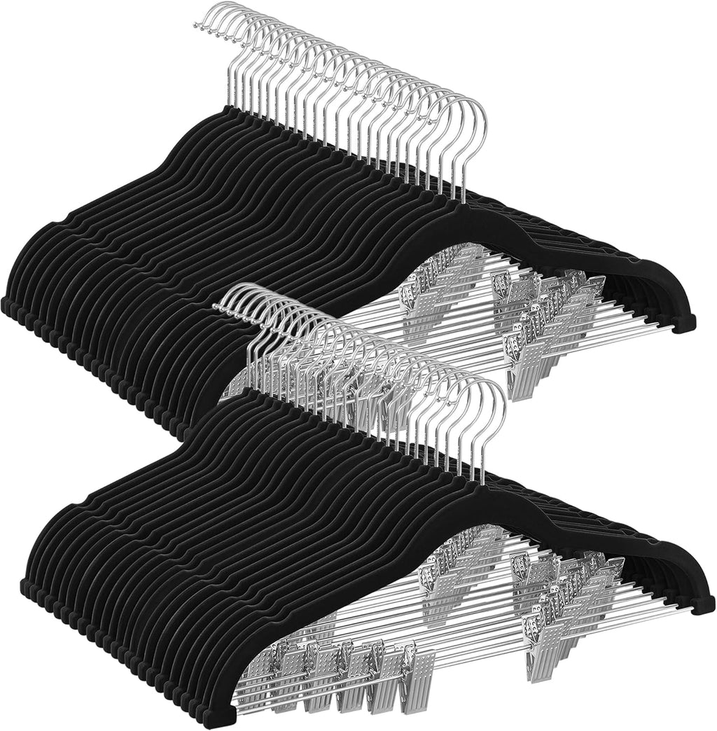 SONGMICS Velvet Pants Hangers - 50-Pack, 16.7-Inch, Adjustable Clips, Non-Slip, Space-Saving, Black