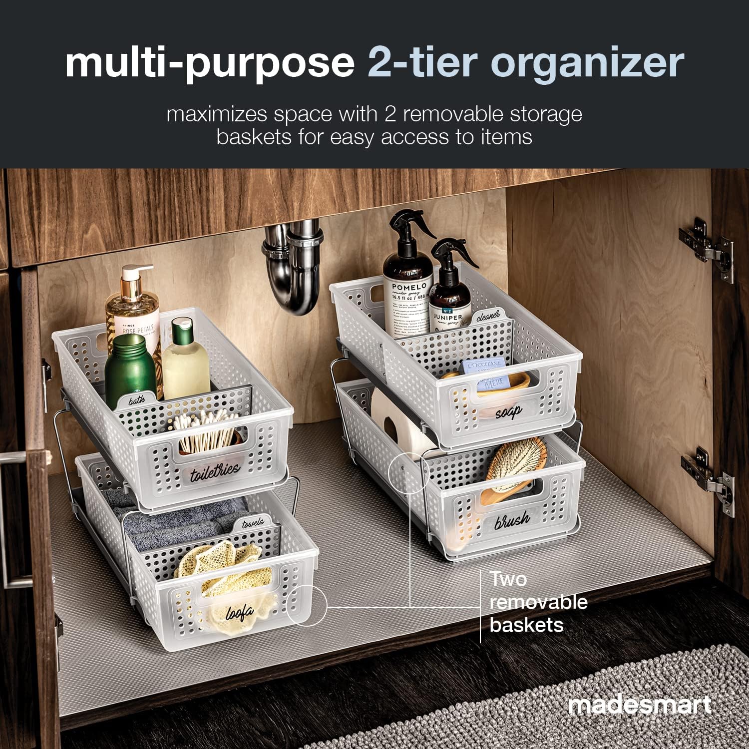 Madesmart 2-Tier Bath Organizer - Adjustable Undersink Storage with Sliding Drawers & Baskets | Frost Finish