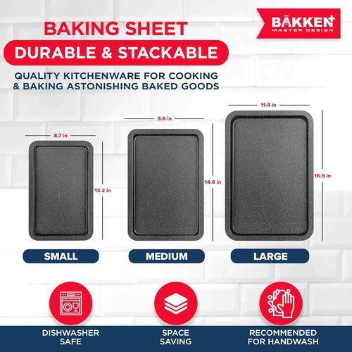 BAKKEN 3-Piece Nonstick Baking Pans Set - Stackable Cookie Trays, Oven Safe Up To 450°F, Gray Marble