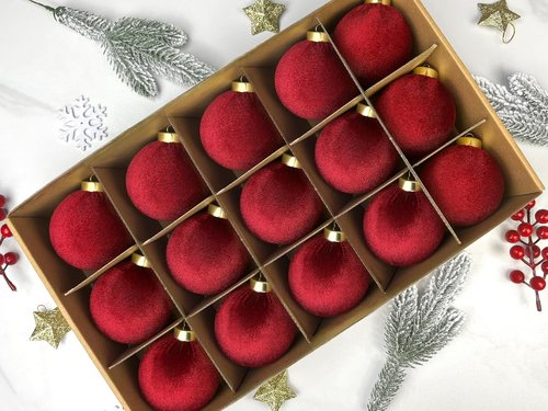Dark Red Velvet Christmas Tree Ornaments - 15 PCS Large 3.15 Inch Shatterproof Baubles | Flocked Burgundy Decor