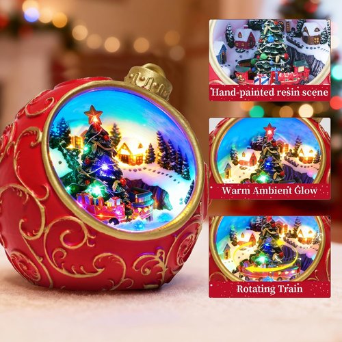 6.3" Animated Musical Christmas Village Figurines - Rotating Train, Lights & Auto Timer | USB-C/Battery Powered Holiday Decor