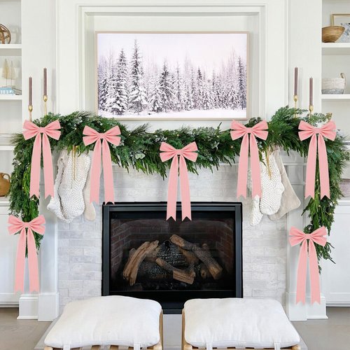 Christmas Bows for Gift Wrapping 8 X 14 Inch Long Velvet Ribbon Bows for Tree Wreath, Garland, Fireplace, Stairs, Mirror, Door, Holiday Crafts Decor, Pack of 4 (Pink)