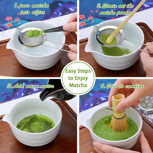 Matcha Whisk Set,11Pcs Matcha Set,Matcha Kit,Whisk Made from 100% Natural Bamboo, 11-component set for all your matcha-making needs,Contains stainless steel spoon, measuring cup(white)