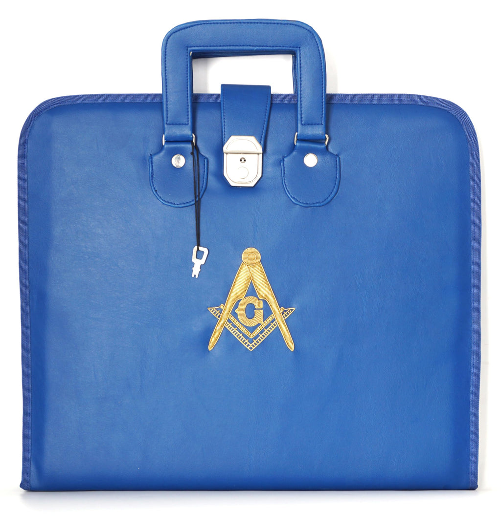 MASONIC HUB Hand Embroidered Square & Compass Apron Carrying Case – Hard Sided Blue Regalia Storage Box with Handle, Lock & Key – Fits Master Mason Apron & Chain Collar- Faux Leather