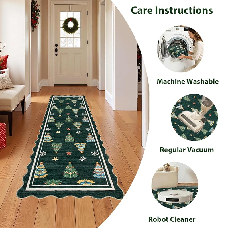 Ortiga Scalloped Christmas Runner Rug 2' x 6' Forest Green - Machine Washable