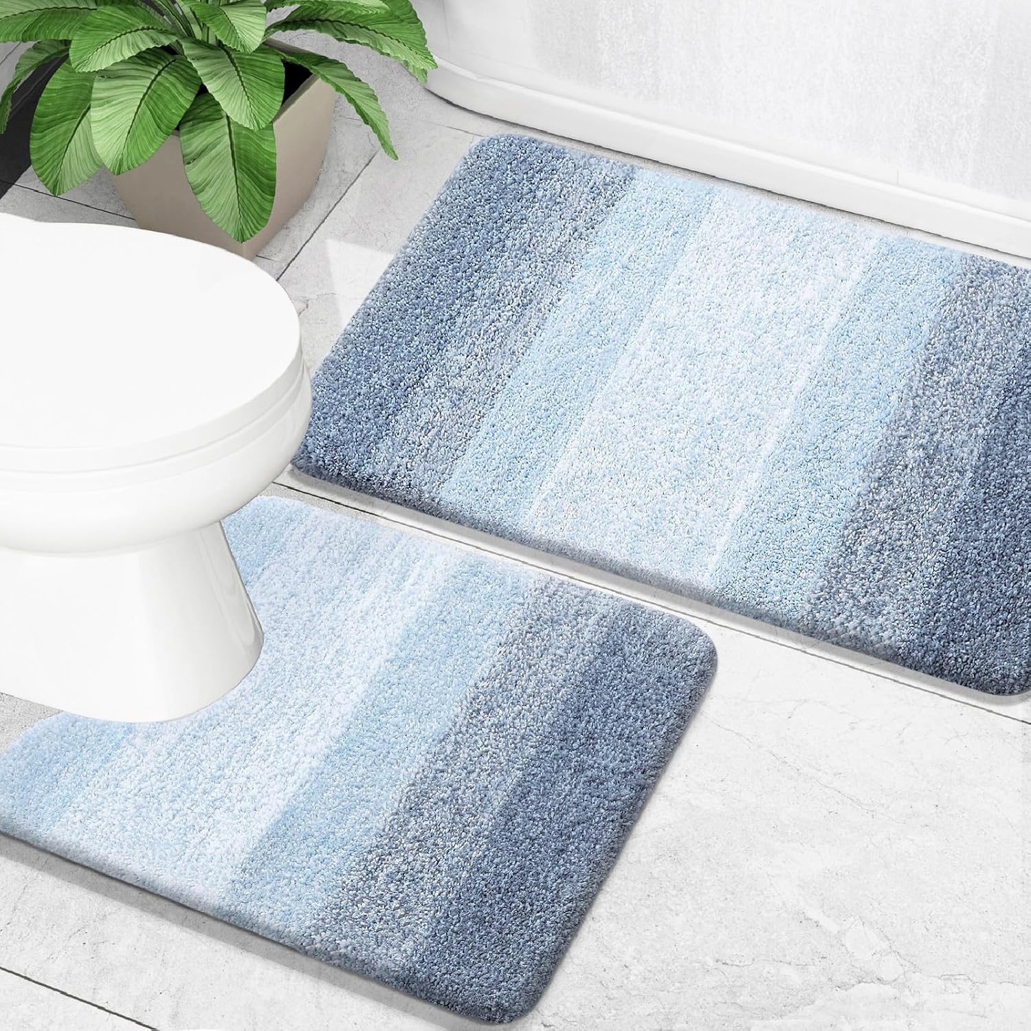 OLANLY Bathroom Rug Set - Soft Absorbent Microfiber Mats with Non-Slip Design | 2-Piece Blue Set (24"x16" & 24"x20")